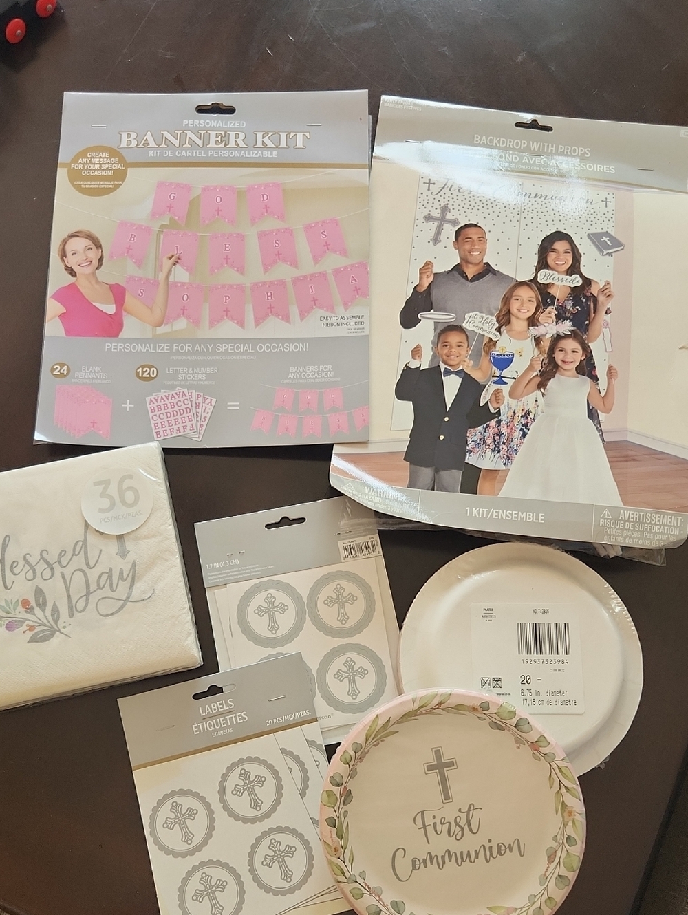First Communion Party Supplies Kit - Pink First Communion Plates & Banner